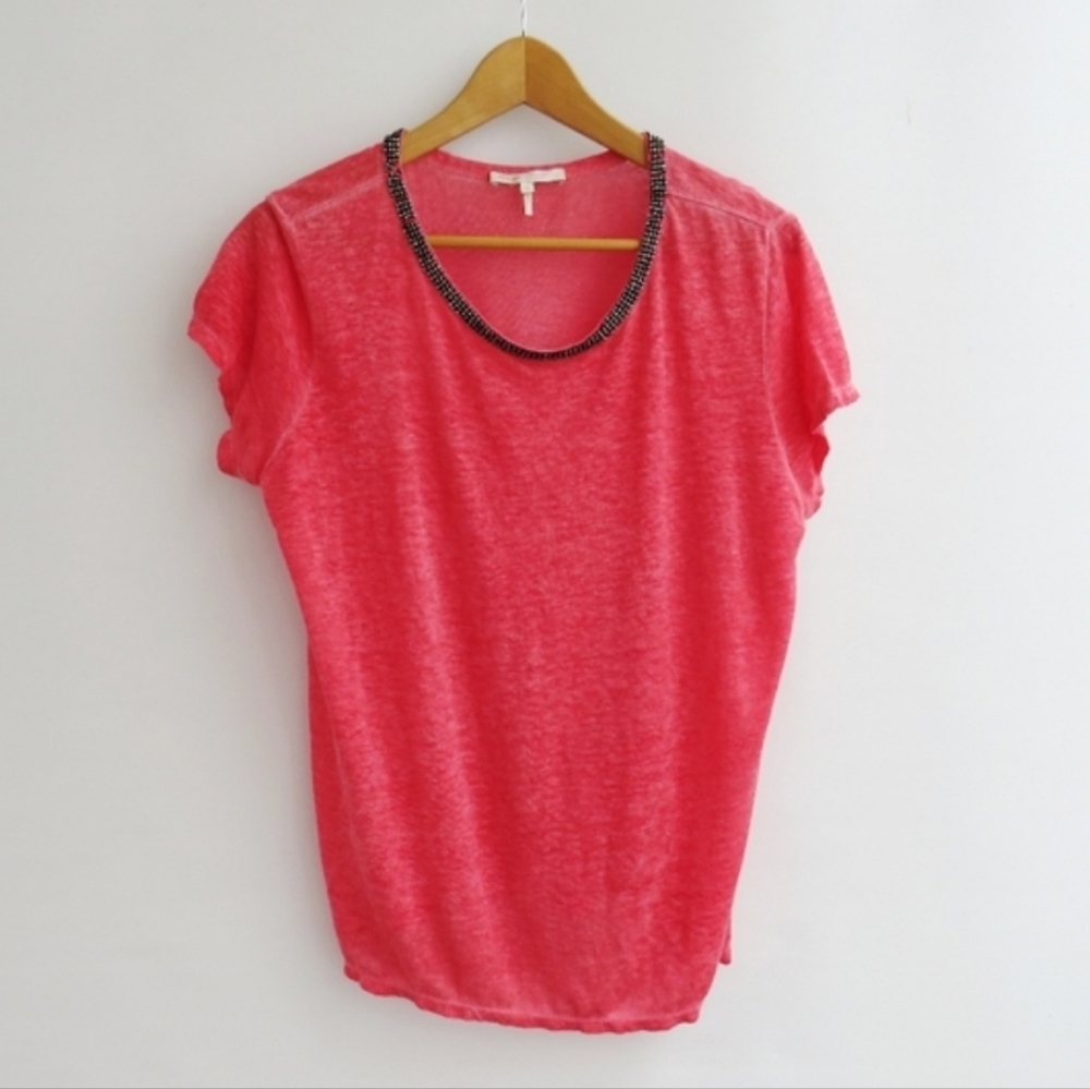 Maje Linen Hot Pink Black Rhinestone Trim T-Shirt, size 3(fits M-L).excellent
